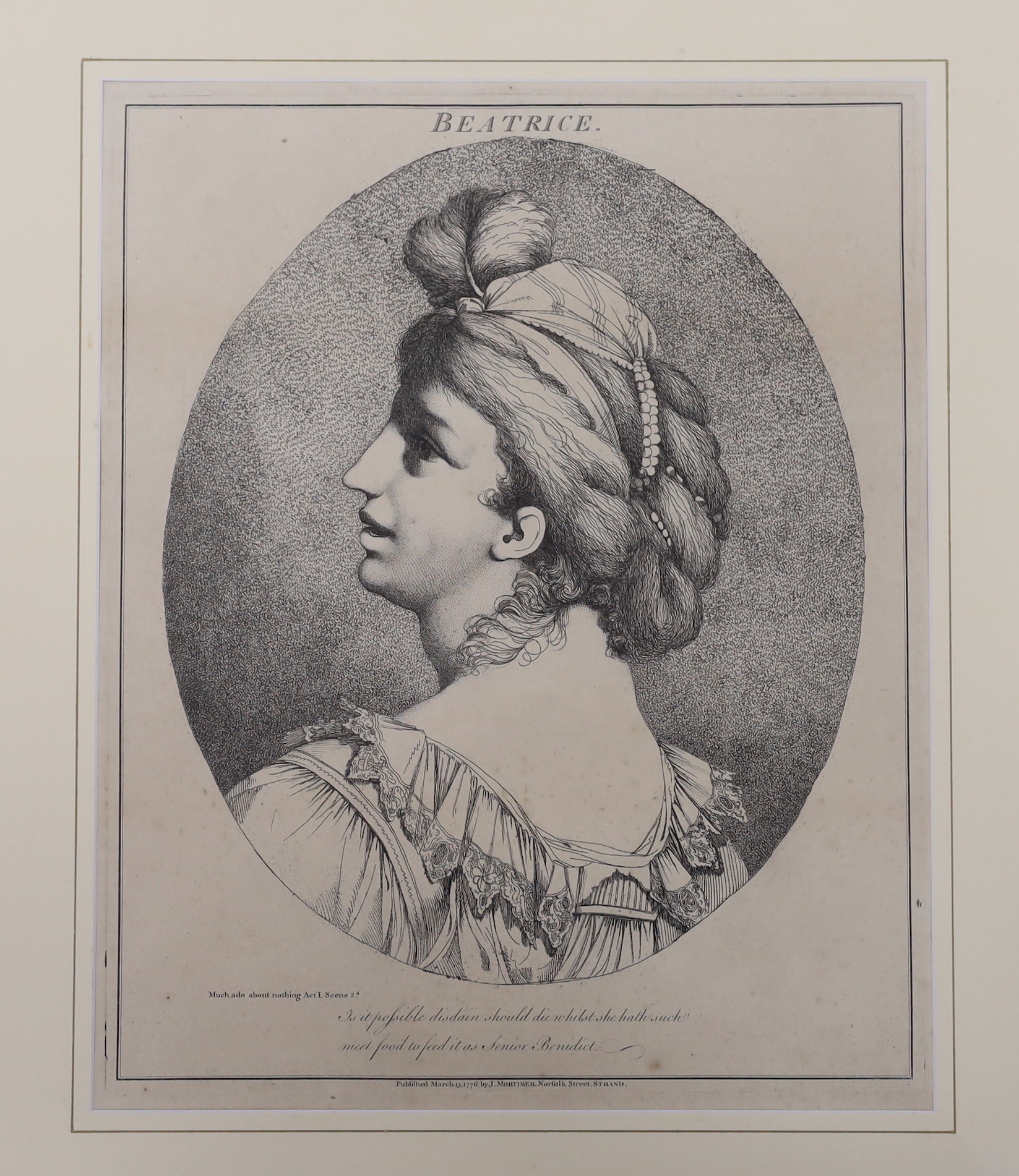 After John Hamilton Mortimer (1740-1779), set of three etchings, Twelve characters from Shakespeare comprising Caliban, Bardolph and Beatrice, publ. 1770’s by J. Mortimer, Norfolk Street, Strand, each 41 x 33cm